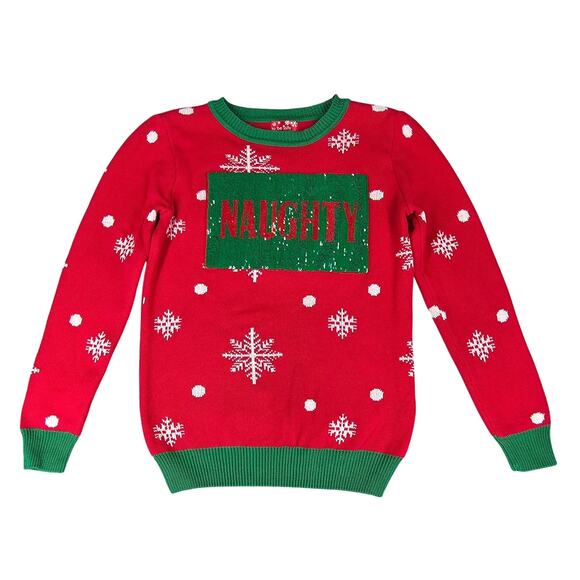 TO BE JOLLY WOMENS REVERSIBLE SEQUIN NAUGHTY NICE HOLIDAY SWEATER SIZE MEDIUM - Picture 1 of 14
